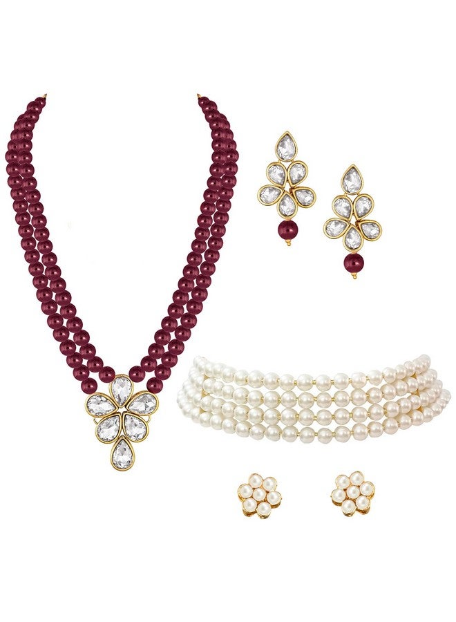 Peora Gold Plated Crystal Pearl Long Necklace with Drop Earrings Traditional Ethnic Jewellery Set for Women Girls | Maroon & White - Image 1
