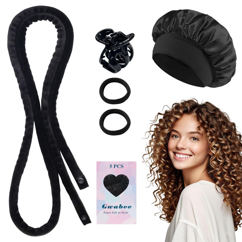 Gwabee Velvet Heatless Curls Overnight Hair Curlers to Sleep In, Overnight Curls Thin Heatless Hair Curler - No Heat Curlers for Long Hair Volume, Heatless Curling Set with Bonnet - Black - Image 1