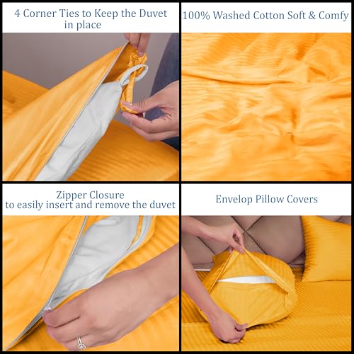 AVI Zippered 100% Cotton 210TC Satin Striped King Duvet Cover | Quilt Cover Blanket Cover Razai Comforter Cover with 2 Pillow Covers- 102 X 110 Inch, Golden - Image 3