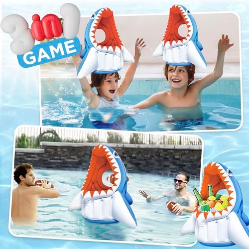 iPlay, iLearn Pool Wave Kids Shark Pool Toy, 3-in-1 Inflatable Float Water Game Basketball Football Head Hoop Toss, Toddler Outdoor Summer Swimming Floating, Cool Family Party Gift Age 3 4 5 6 7 8 Year Old Boy Girl - Image 2