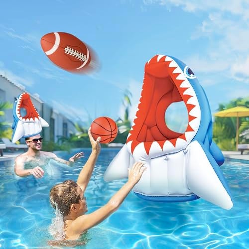 iPlay, iLearn Pool Wave Kids Shark Pool Toy, 3-in-1 Inflatable Float Water Game Basketball Football Head Hoop Toss, Toddler Outdoor Summer Swimming Floating, Cool Family Party Gift Age 3 4 5 6 7 8 Year Old Boy Girl - Image 1