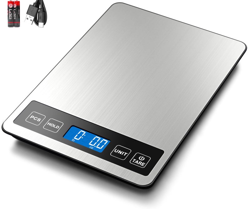 Fuzion Food Scale 1g01oz Digital Kitchen Scale 22lb 7 Units Tare PCS Rechargeable Power Tempered Glass Stainless Steel Food Weight Scale Grams and Ounces for Cooking Baking