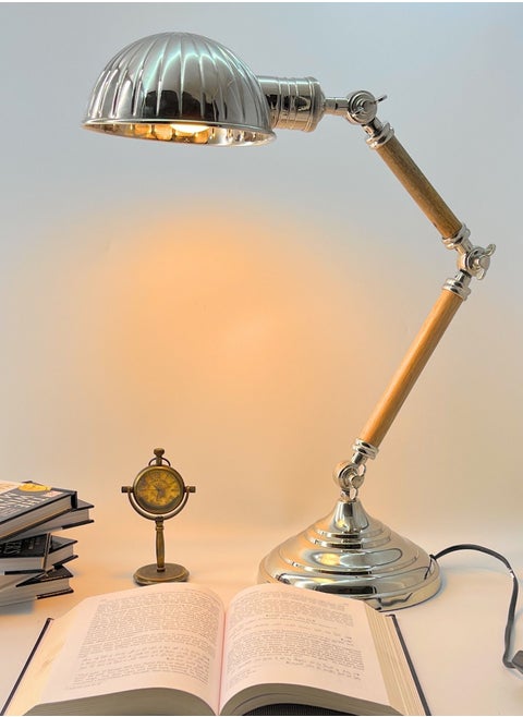 Table Lamp Adjustable Metal Lamp for Bedroom Office – Rust Proof, Shock Proof – Tall Swing Arm for Reading and Studying – Smart Nightstand Light Lamp Reading Desk Lamp for Bedside Table, Wooden Metal Lamp in Sliver