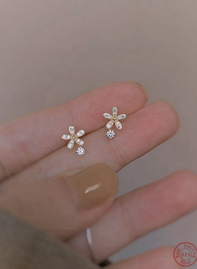 A Pair Of Sterling Silver 925 Earrings 18K Gold Plated Adorned With Diamonds Elegant Versatile For Dates Birthdays Anniversaries Valentine Day Gifts For Girls Women - Image 1