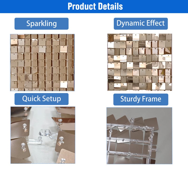 Ozikutech 24 Pcs Champagne Gold Shimmer Wall Backdrop Panels for Party Decoration - 6 x 4 FT Square Sequin Backdrop - Image 5