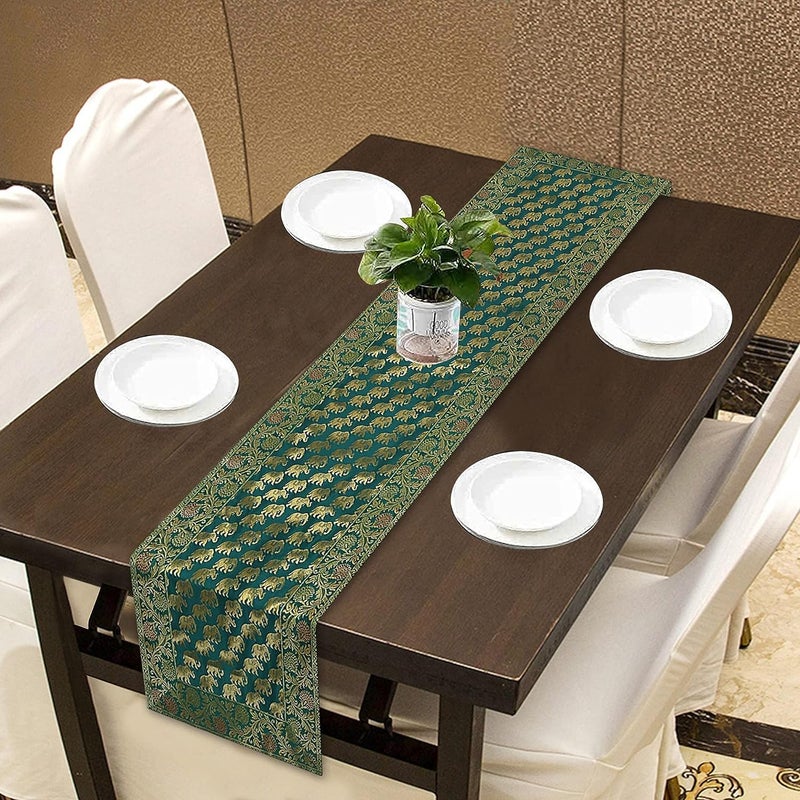 E - Ezra E Ezra Brocade Silk Table Runner for Living Room 4 to 6 Seater Dining Table Runner 60 by 16 in Green - Image 1