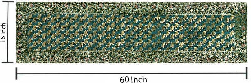 E - Ezra E Ezra Brocade Silk Table Runner for Living Room 4 to 6 Seater Dining Table Runner 60 by 16 in Green - Image 3