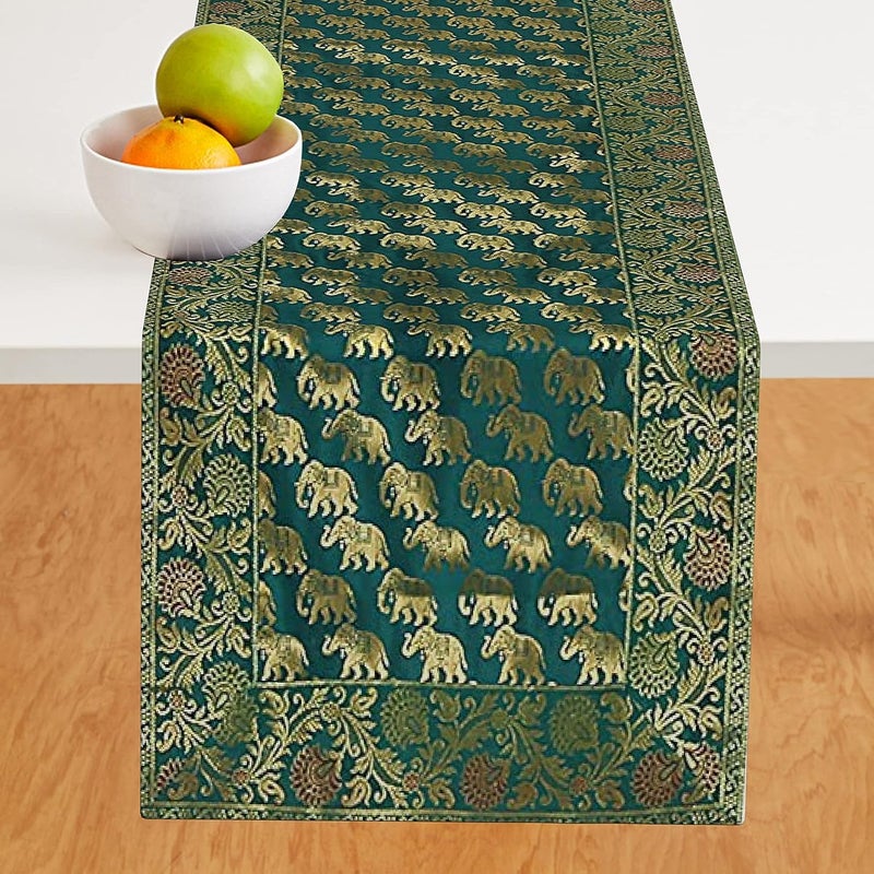 E - Ezra E Ezra Brocade Silk Table Runner for Living Room 4 to 6 Seater Dining Table Runner 60 by 16 in Green - Image 2