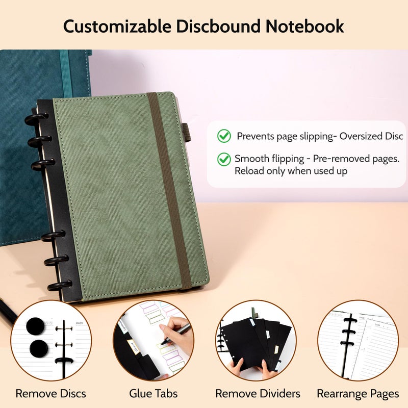 Yoment Leather Journal Notebooks for Work Refillable 224 Page 100 GSM Thick 5 Subject Notebook with Removable Dividers Tabs Hardcover Notebook for School Note Taking Teachers Women Men 6.1 x 8.3,Green - Image 2