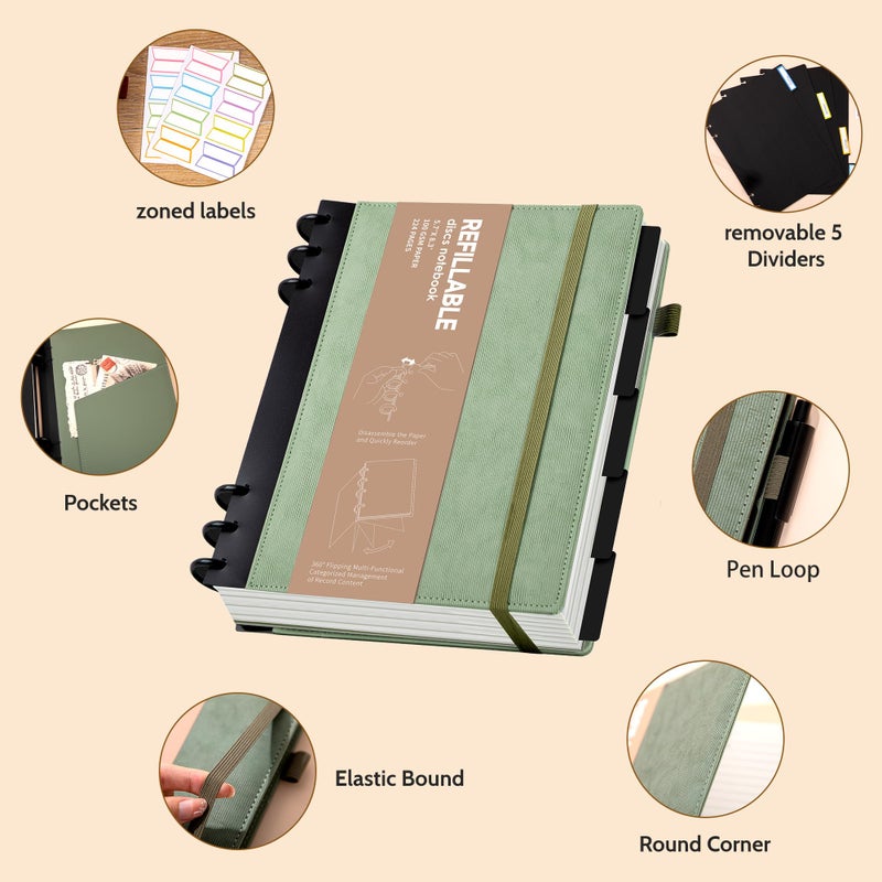 Yoment Leather Journal Notebooks for Work Refillable 224 Page 100 GSM Thick 5 Subject Notebook with Removable Dividers Tabs Hardcover Notebook for School Note Taking Teachers Women Men 6.1 x 8.3,Green - Image 3