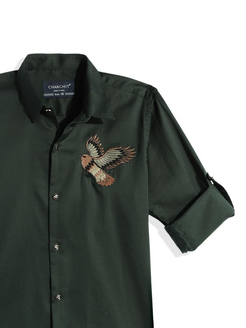 CHARCHIT Boys Spread Collar Full Sleeve Embroidered Shirt DarkGreen - Image 4