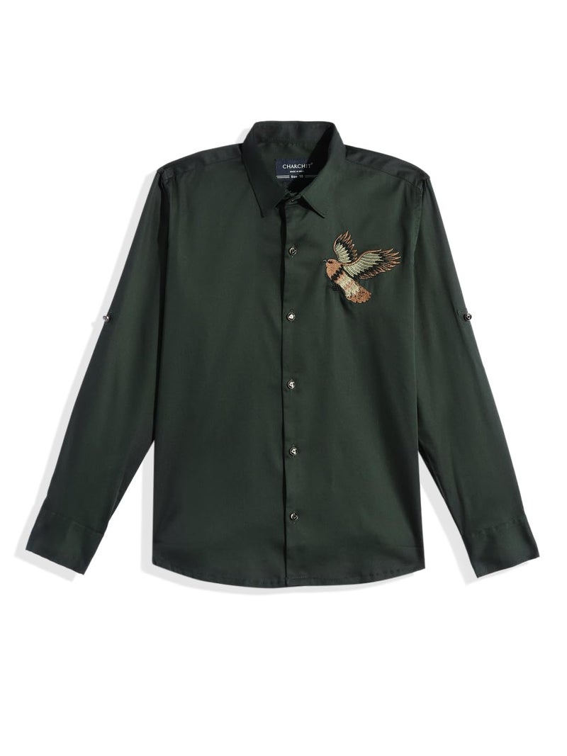 CHARCHIT Boys Spread Collar Full Sleeve Embroidered Shirt DarkGreen - Image 3