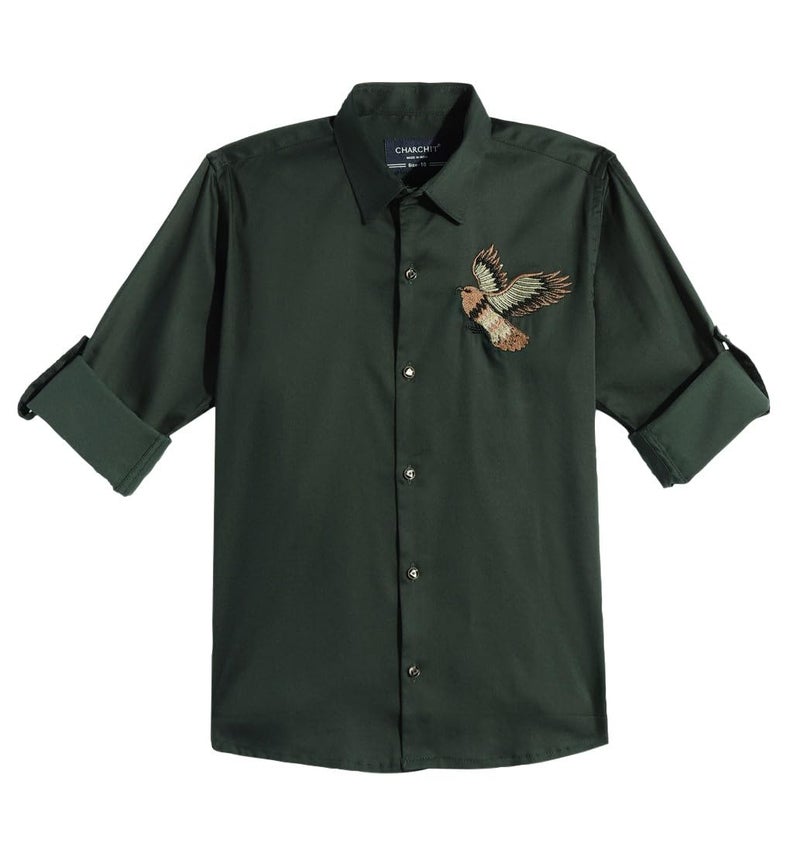 CHARCHIT Boys Spread Collar Full Sleeve Embroidered Shirt DarkGreen - Image 1