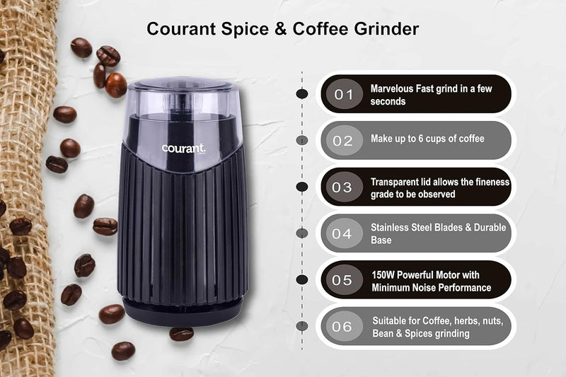 COURANT Electric Coffee Grinder One Touch, Coffee Bean and Spice Grinder, With Heavy-Duty Stainless Steel Blades Durable Base,150 Watt Powerful Motor, Black - Image 3