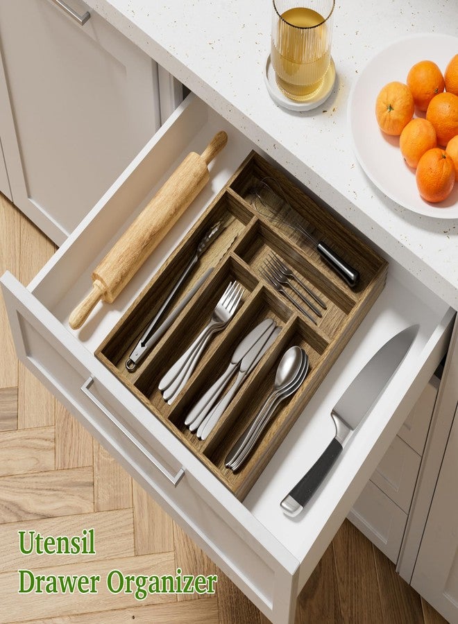 Kiasthome Acacia Wood Silverware Drawer Organizer, Kitchen Utensil Cutlery Drawer Organizer with Dividers, Flatware Organizer, Silverware Tray Holder for Spoons, Forks, 11.8''x16.5'' (6 Slots) - Image 3