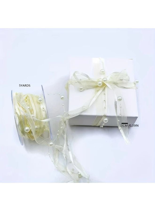 Yellow Satin Ribbon with Pearls 1cm x 5 Yards for Gift Wrapping Wedding Decor - Image 5