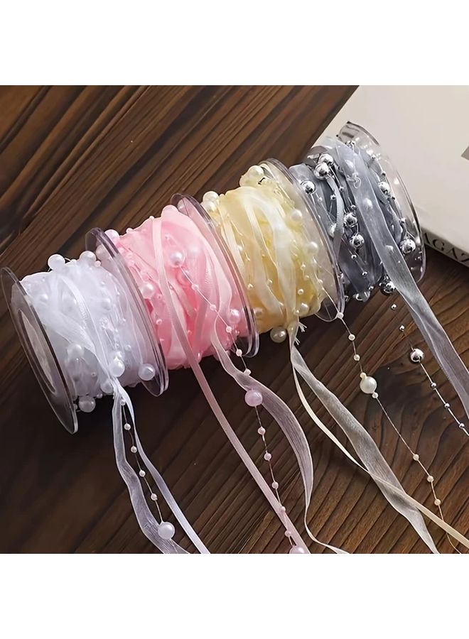 Yellow Satin Ribbon with Pearls 1cm x 5 Yards for Gift Wrapping Wedding Decor - Image 3