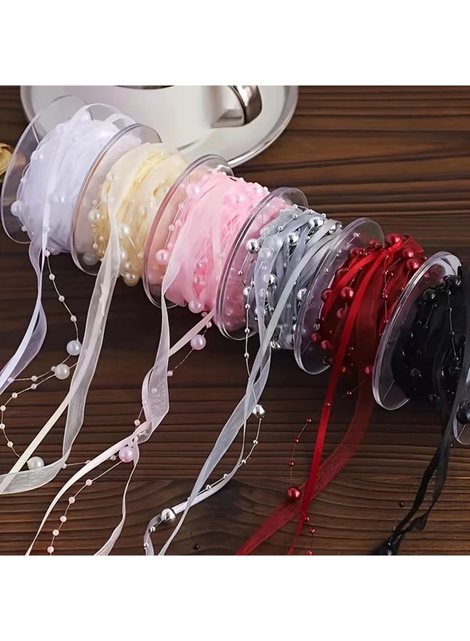 Yellow Satin Ribbon with Pearls 1cm x 5 Yards for Gift Wrapping Wedding Decor - Image 2