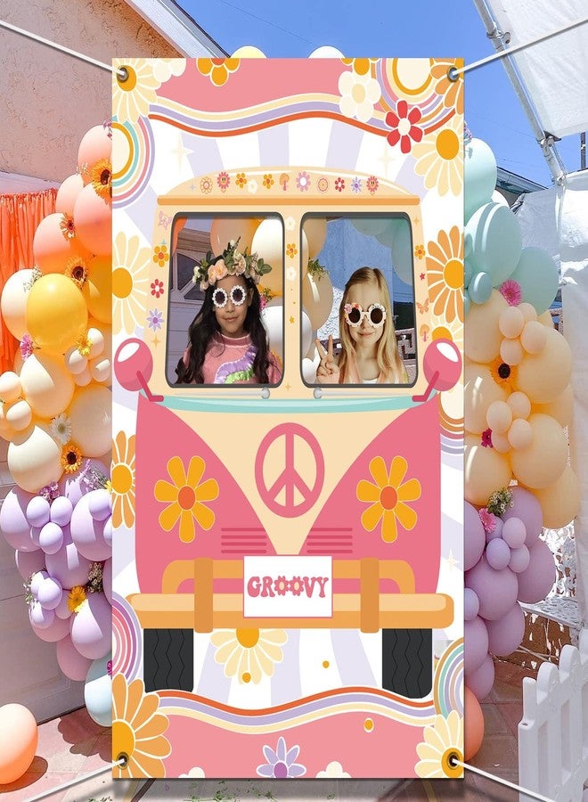 RTHPY Hippie Bus Photo Prop Groovy Party Decorations Selfie Frame Backdrop Retro Girl Daisy Background Large Banner Decor Groovy Hippie Theme Birthday Party Baby Shower 60's 70's Decor 59 * 39.4 Inch - Image 3