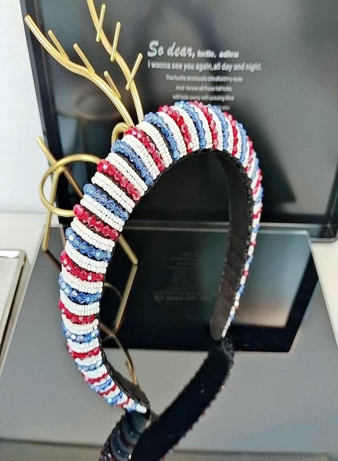 سوتشات طوق رأس سوتشات للاحتفال بيوم الاستقلال الأمريكي، مزين بأحجار الراين، بتصميم وطني مستوحى من العلم الأمريكي، بألوان الأحمر والأبيض والأزرق، وخطوط كريستالية، وطوق شعر ملتف، مثالي لحفلات ومناسبات يوم الاستقلال. - Image 4