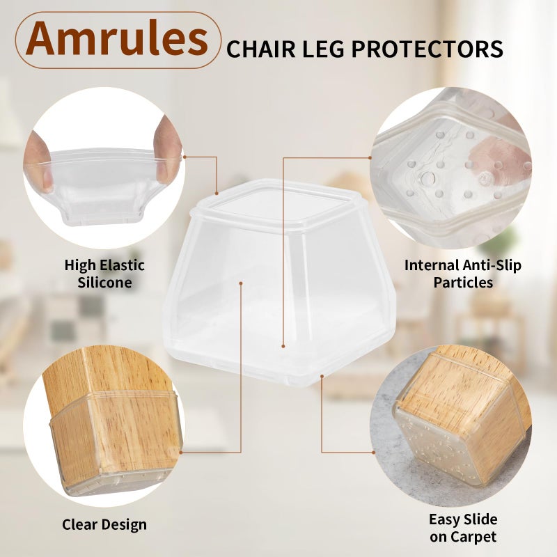 Amrules واقيات أرجل الكراسي المربعة من أمرولز، 28 قطعة، أغطية سيليكون لأرجل الكراسي لحماية السجاد والوسادات اللبادية من الخدوش والضوضاء (شفافة، مقاس صغير: 0.76-1.02 بوصة). - Image 3