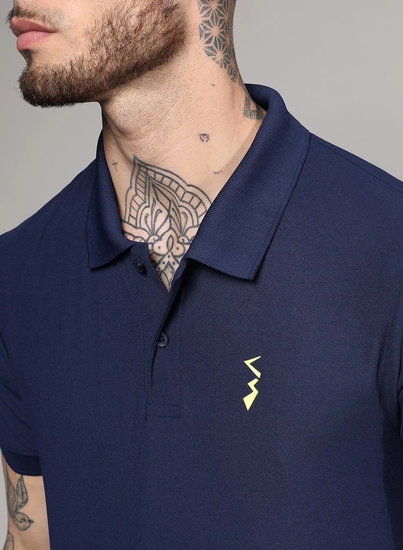 Campus Sutra Men's Navy Blue Solid Polo Activewear T-Shirt