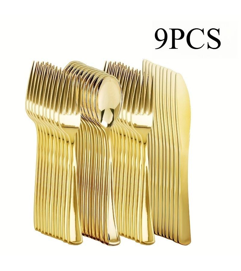 9 Pcs Golden Plastic Silverware Set Forks Spoons Knives Party Supplies - Image 1