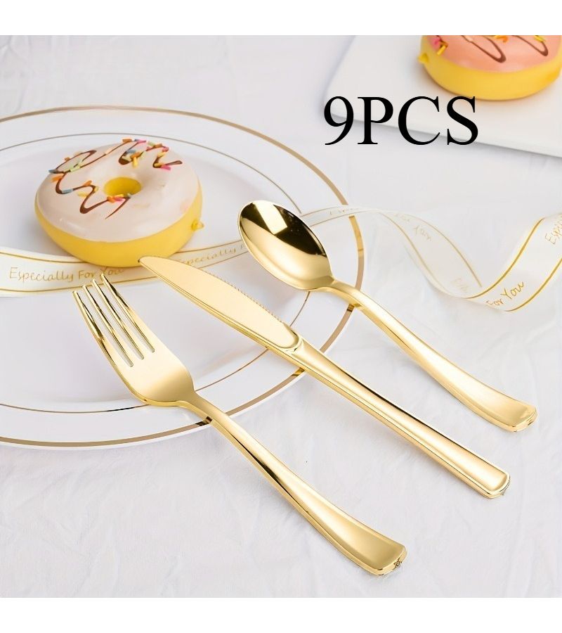 9 Pcs Golden Plastic Silverware Set Forks Spoons Knives Party Supplies - Image 2