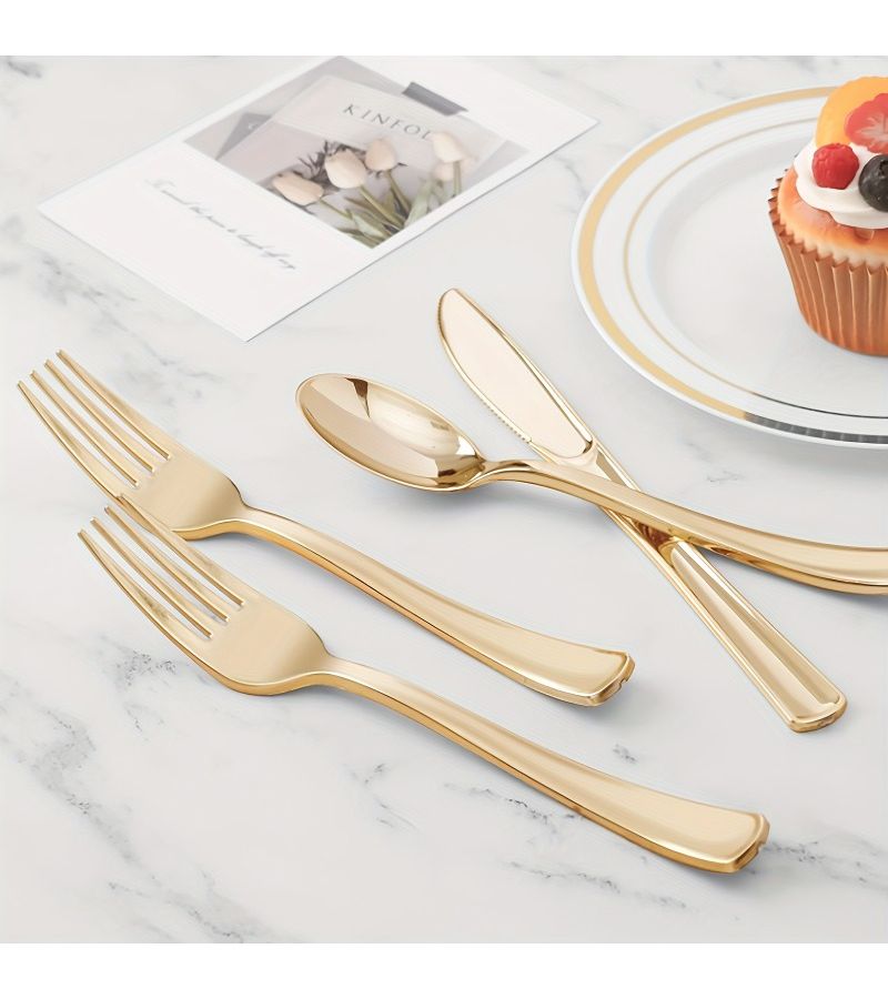 9 Pcs Golden Plastic Silverware Set Forks Spoons Knives Party Supplies - Image 4