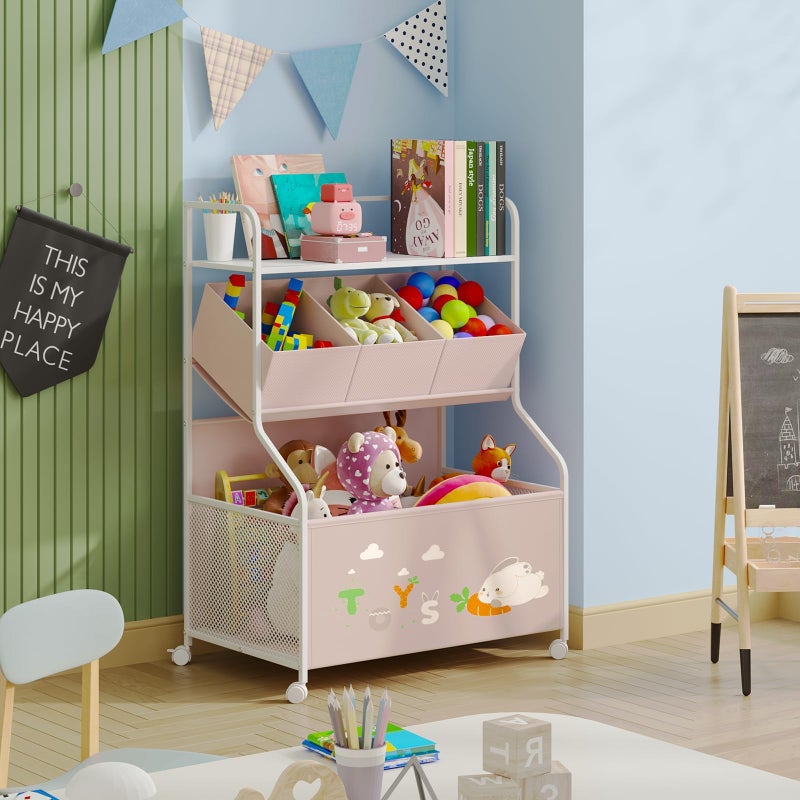 BBLIKE Toy Storage Organizer with Wheels - 3-Tier Kids Large Toy Box, Toy Chest Storage for Boys Girls Toddlers, Kids Bookshelf with 3 Fabric Toy Boxes for Playroom, Pink - Image 3