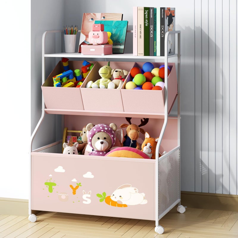 BBLIKE Toy Storage Organizer with Wheels - 3-Tier Kids Large Toy Box, Toy Chest Storage for Boys Girls Toddlers, Kids Bookshelf with 3 Fabric Toy Boxes for Playroom, Pink - Image 1