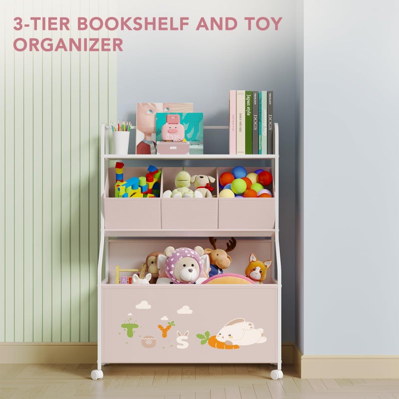 BBLIKE Toy Storage Organizer with Wheels - 3-Tier Kids Large Toy Box, Toy Chest Storage for Boys Girls Toddlers, Kids Bookshelf with 3 Fabric Toy Boxes for Playroom, Pink - Image 2
