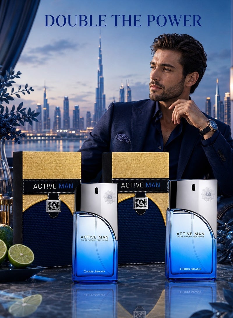 كريس أدمز مجموعة كريس آدامز من عطرين أكتيف مان أو دو بارفان 100 مل - عطر منشط للرجل العصري الواثق والديناميكي - Image 1