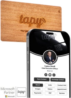 Tapy NFC Digital Business Card Premium Cherry  wood Smart Card Instant Networking Contactless Technology iOS and Android Compatible Powered by Microsoft