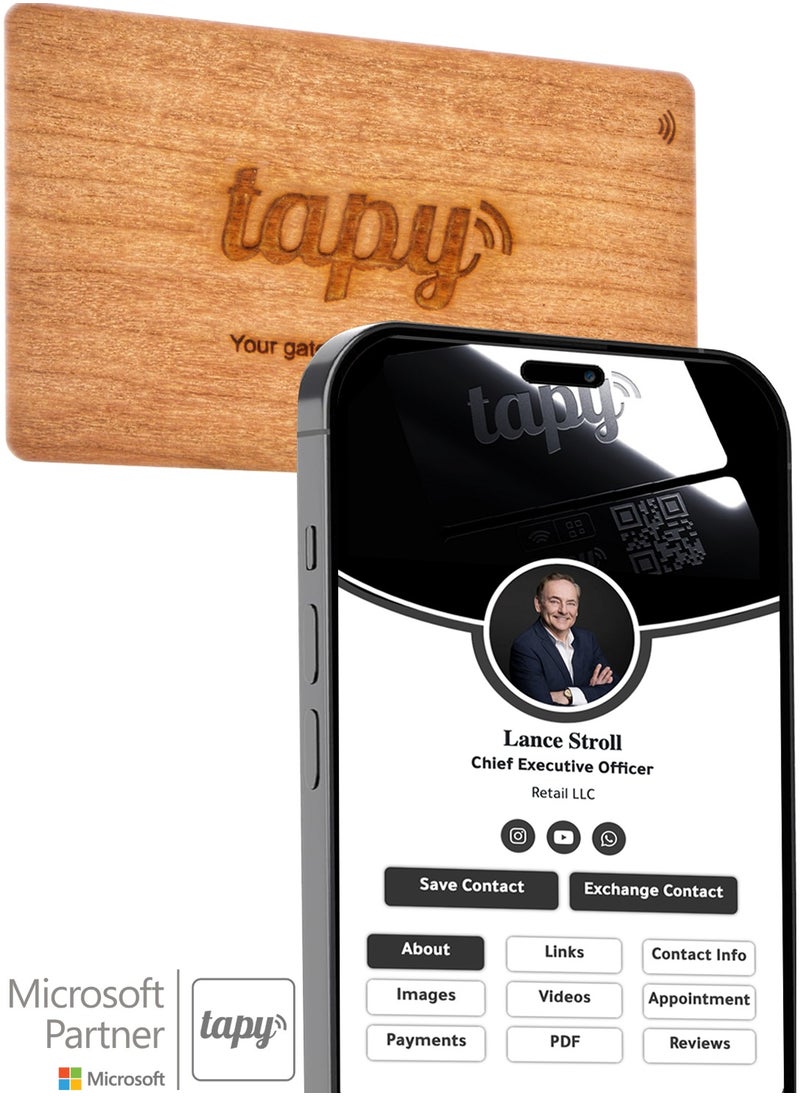 tapy - Tapy NFC Digital Business Card Premium Cherry  wood Smart Card Instant Networking Contactless Technology iOS and Android Compatible Powered by Microsoft - Image 1