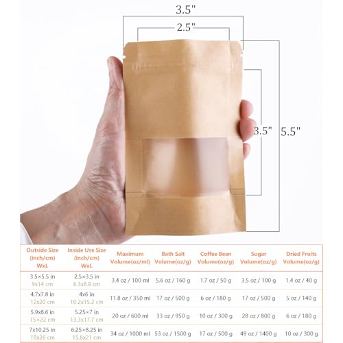Kingrol 300 Pack 3.5 x 5.5 Inch Mini Kraft Paper Bags with Resealable Lock Seal Zipper &Transparent Window, Stand Up Food Bags - Image 3
