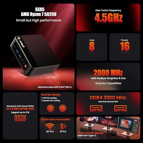 Beelink Mini PC, SER5 Pro 5825U AMD Ryzen 7 (Up to 4.5GHz) 16GB DDR4 500GB PCle 3.0 SSD Mini Desktop Computer, 2.5G LAN, Wifi6/BT5.2,HDMI/DP/Type-c/4K Triple Display Windows 11 Pro Micro PC - Image 3