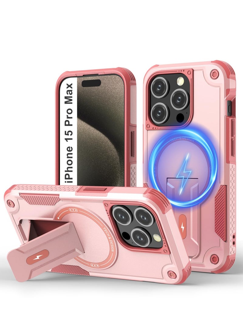 SOKAD Magnetic for iPhone 15 Pro Max Case with Stand. [Compatible with MagSafe] Built-in Kickstand, Rugged Protection Heavy Duty Shockproof Case (Pink) - Image 1