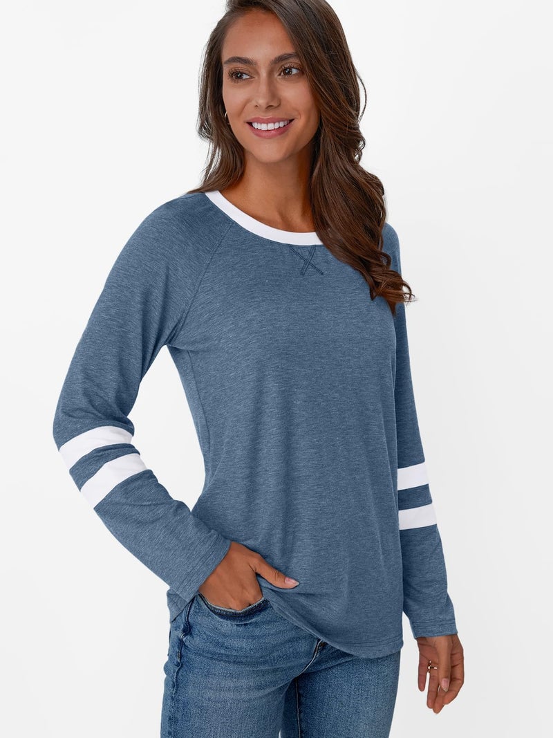 AUTOMET Womenâ€˜s Color Block Long Sleeve Shirts Crewneck, Plus Size Winter & Spring Top, Casual Fall Tee Daily Outfits LightBlue XL - Image 4