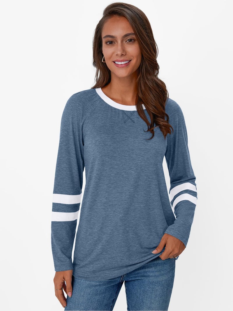 AUTOMET Womenâ€˜s Color Block Long Sleeve Shirts Crewneck, Plus Size Winter & Spring Top, Casual Fall Tee Daily Outfits LightBlue XL - Image 2