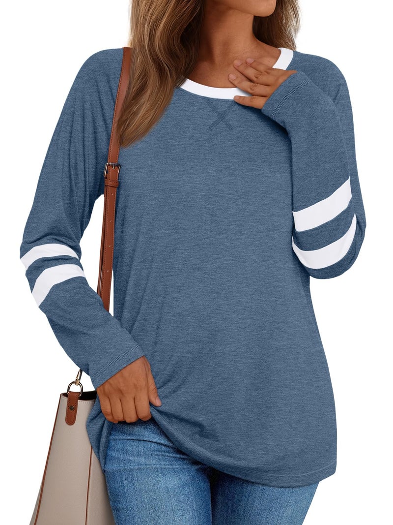 AUTOMET Womenâ€˜s Color Block Long Sleeve Shirts Crewneck, Plus Size Winter & Spring Top, Casual Fall Tee Daily Outfits LightBlue XL - Image 1