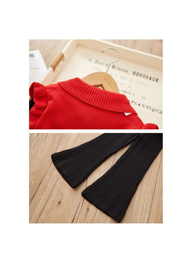 LITTLE SURPRISE BOX 2 pcs Red Ruffled KnittedTop with Black Bootcut Winterwear Pants for Kids