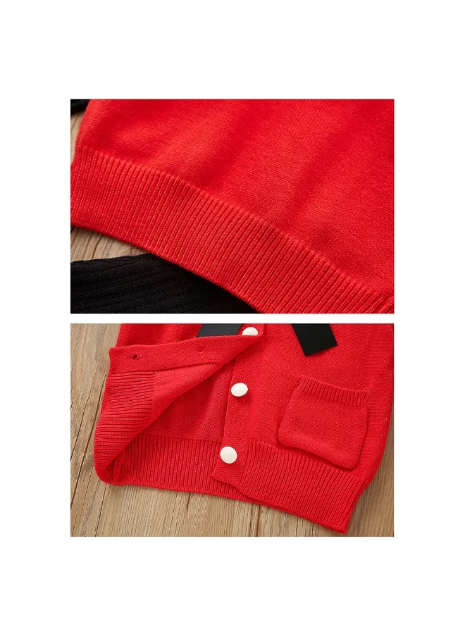 LITTLE SURPRISE BOX 2 pcs Red Ruffled KnittedTop with Black Bootcut Winterwear Pants for Kids