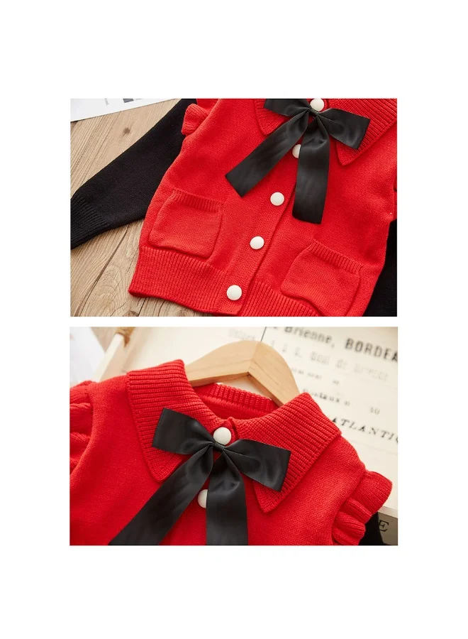 LITTLE SURPRISE BOX 2 pcs Red Ruffled KnittedTop with Black Bootcut Winterwear Pants for Kids