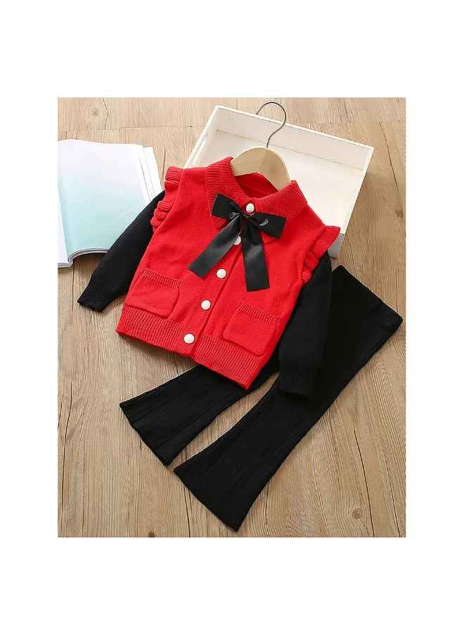 LITTLE SURPRISE BOX 2 pcs Red Ruffled KnittedTop with Black Bootcut Winterwear Pants for Kids-3-4Y