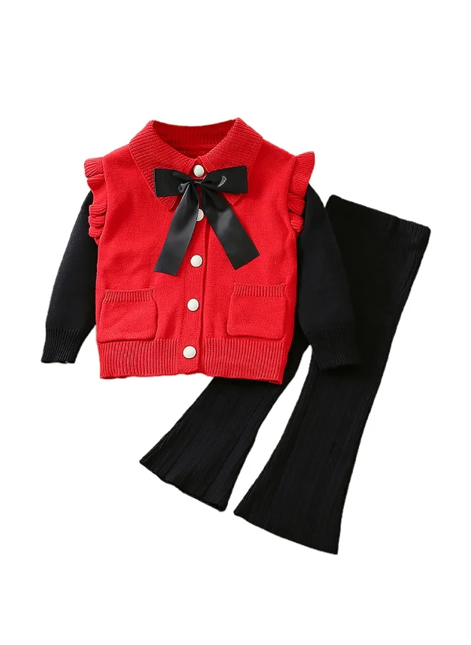 LITTLE SURPRISE BOX 2 pcs Red Ruffled KnittedTop with Black Bootcut Winterwear Pants for Kids-3-4Y