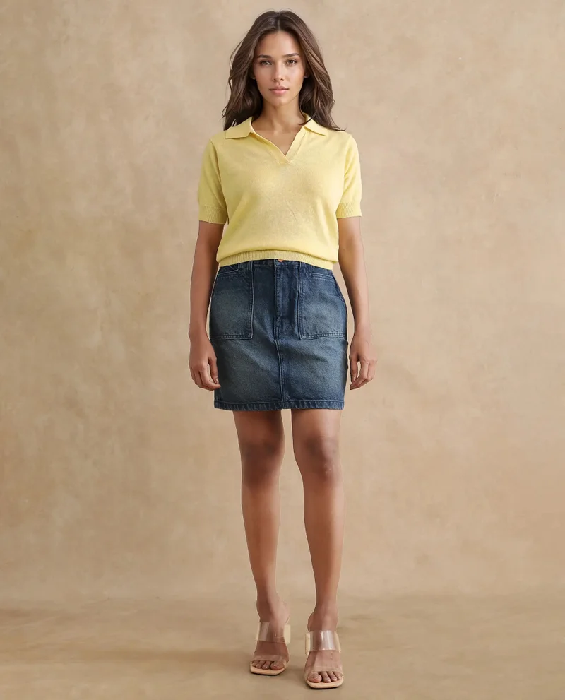 Rareism Rareism Women Basel Light Yellow Cotton Linen Fabric Short Sleeve Polo Collar Plain Polo