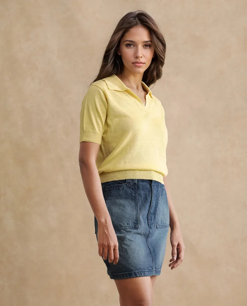 Rareism Rareism Women Basel Light Yellow Cotton Linen Fabric Short Sleeve Polo Collar Plain Polo