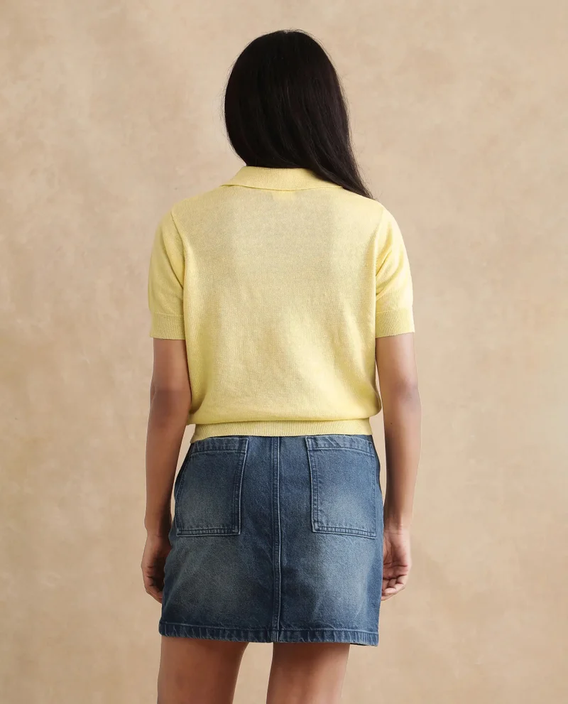 Rareism Rareism Women Basel Light Yellow Cotton Linen Fabric Short Sleeve Polo Collar Plain Polo