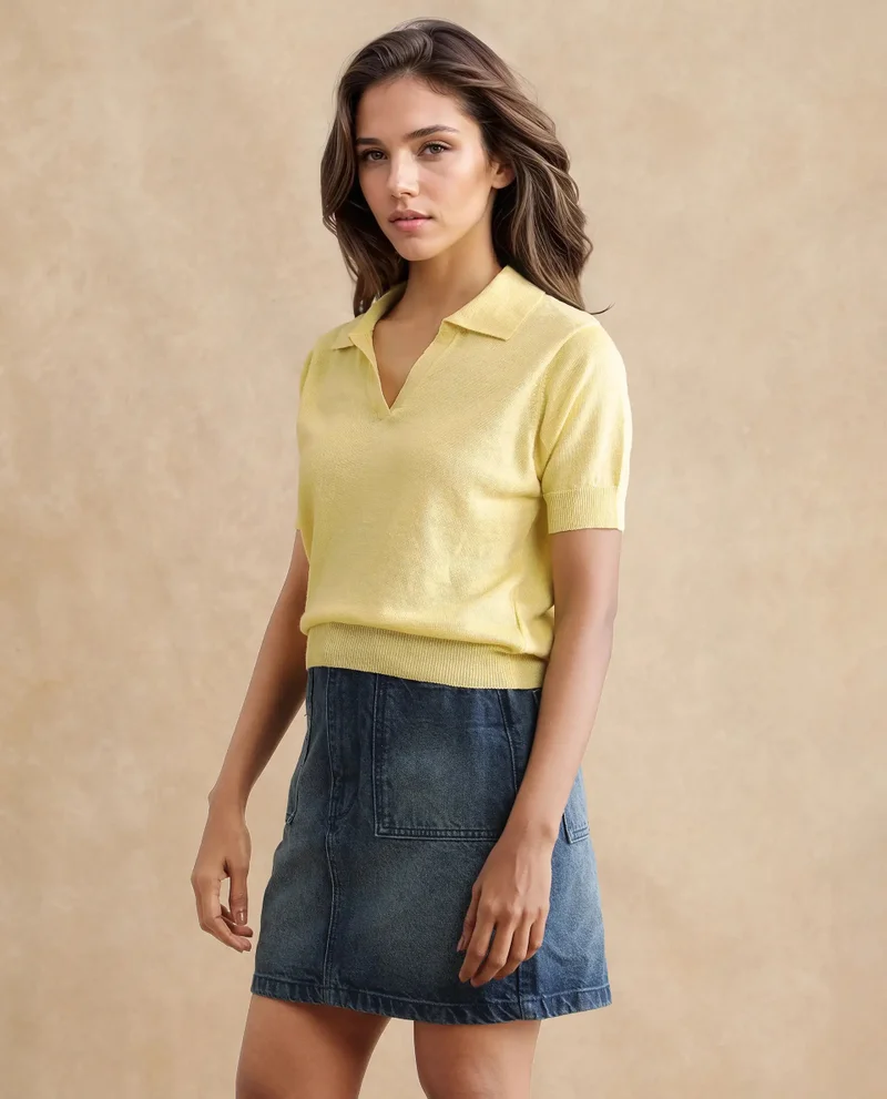 Rareism Rareism Women Basel Light Yellow Cotton Linen Fabric Short Sleeve Polo Collar Plain Polo